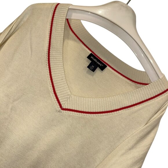 Studio Park NEW cream red heart elbow intarsia knit patches v neck sweater 2X - Picture 3 of 4